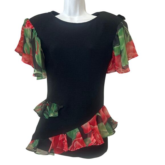 80’s Jon Wesley Floral Pattern Red Rose Blk Blouse Women’s 8 Dress Top - Picture 2 of 10